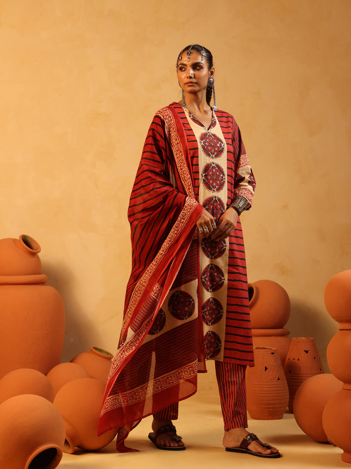 Taru | Red Ajrakh Cotton Suit Set