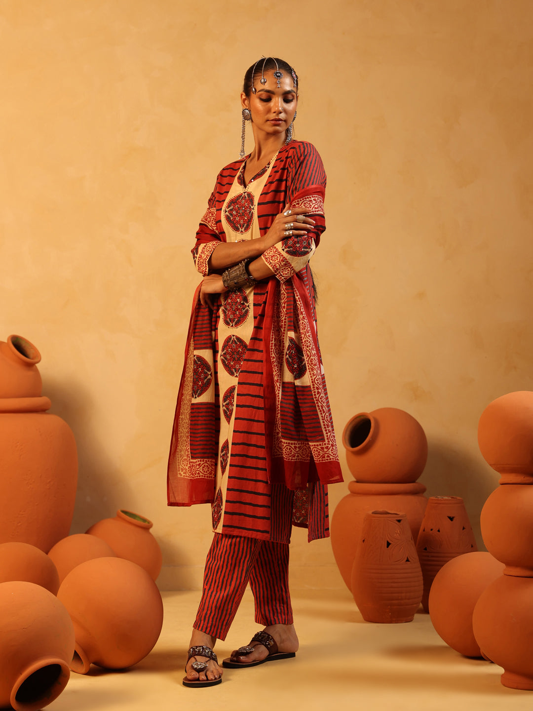 Taru | Red Ajrakh Cotton Suit Set