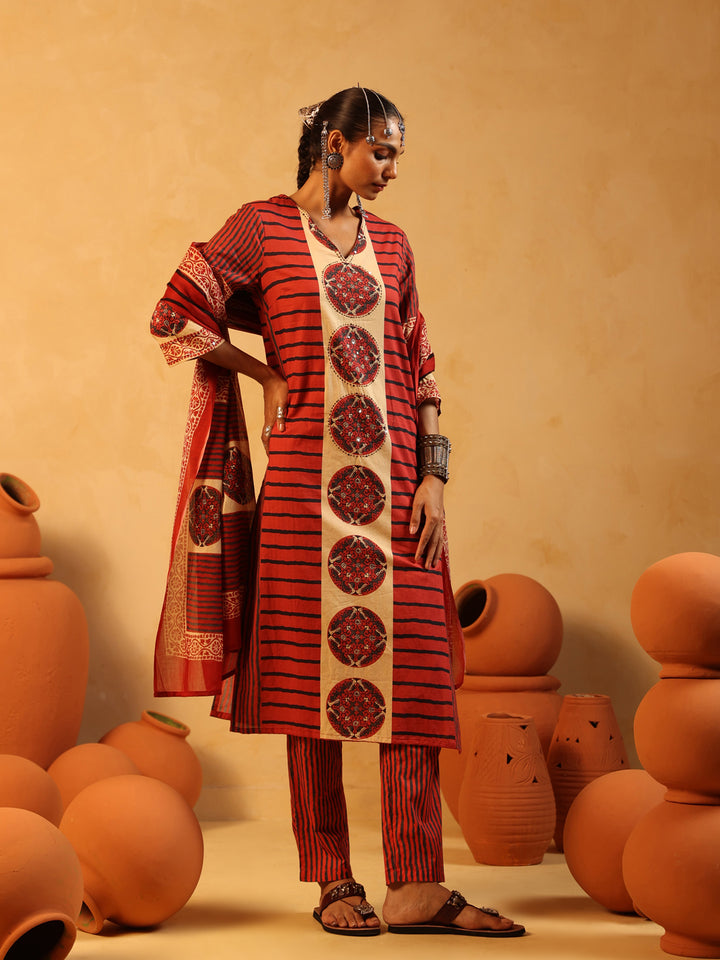 Taru | Red Ajrakh Cotton Suit Set