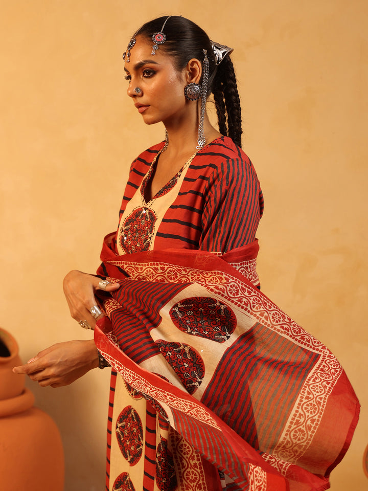 Taru | Red Ajrakh Cotton Suit Set