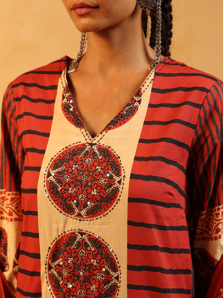 Taru | Red Ajrakh Cotton Suit Set