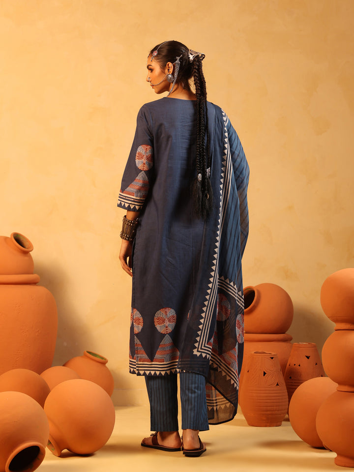 Meher | Navy Ajrakh Cotton Suit Set