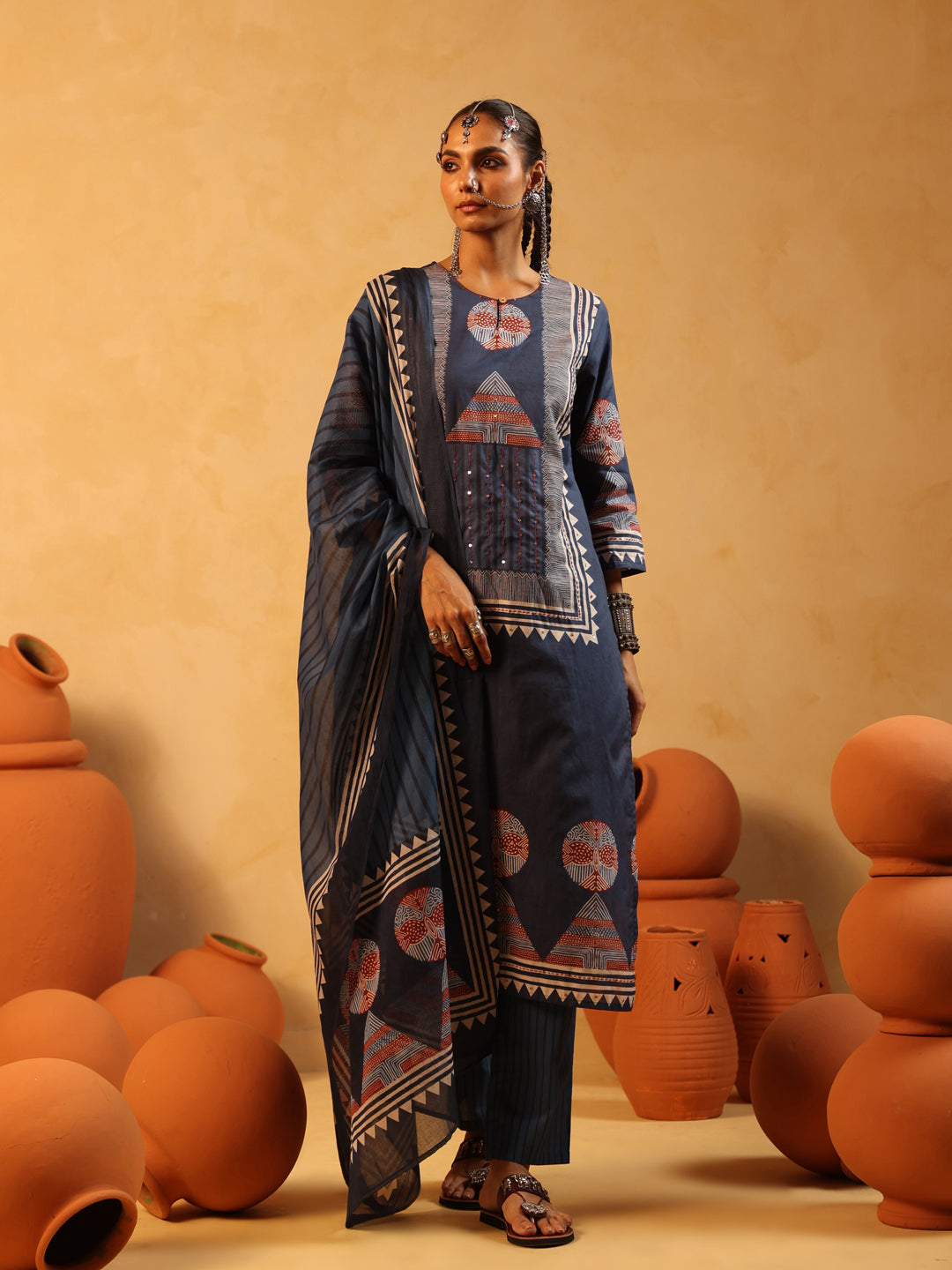 Meher | Navy Ajrakh Cotton Suit Set