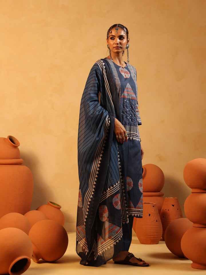 Meher | Navy Ajrakh Cotton Suit Set