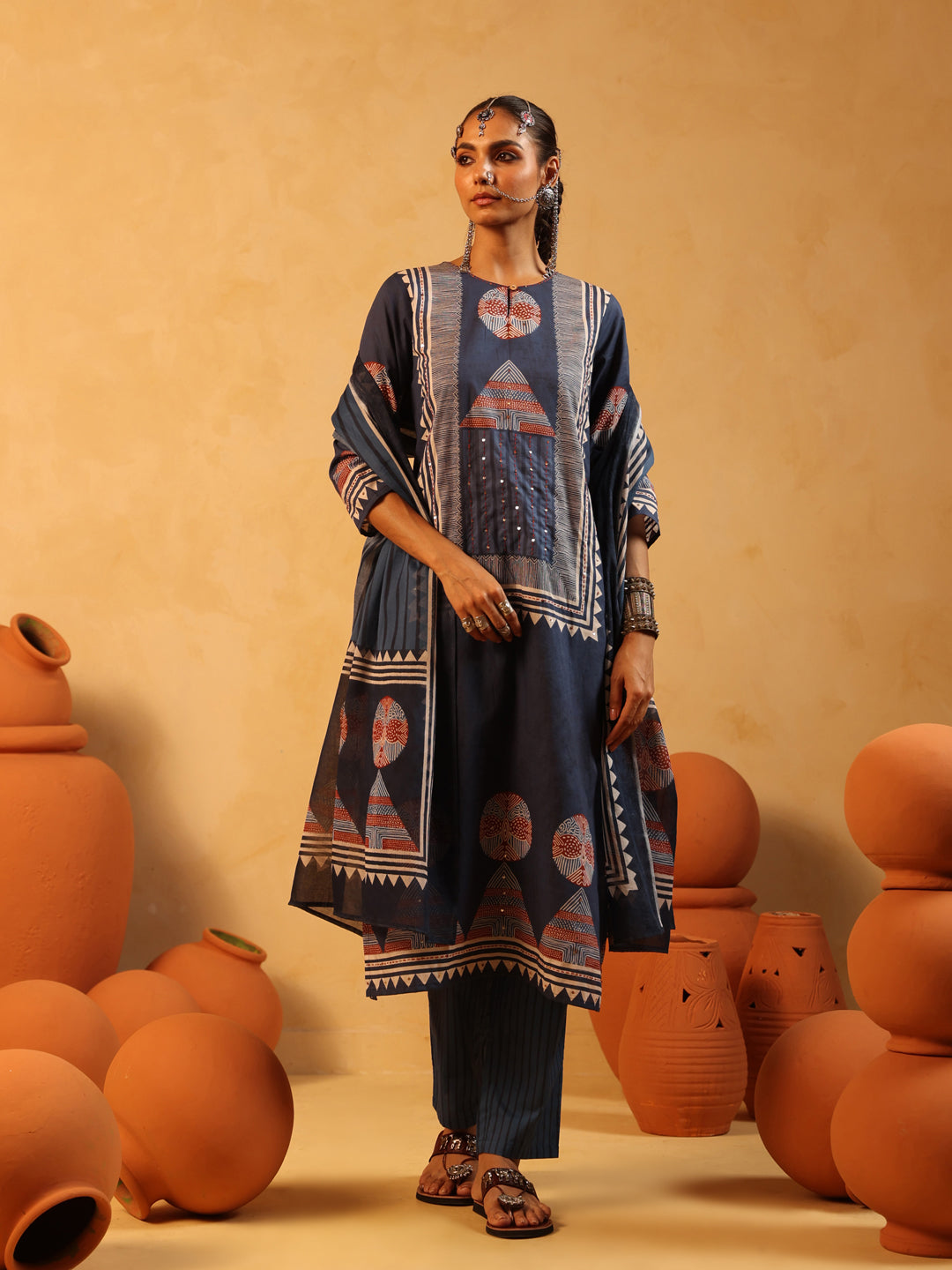 Meher | Navy Ajrakh Cotton Suit Set