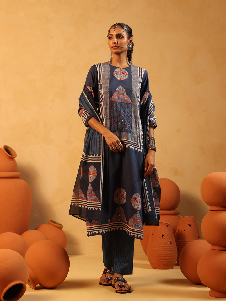 Meher | Navy Ajrakh Cotton Suit Set