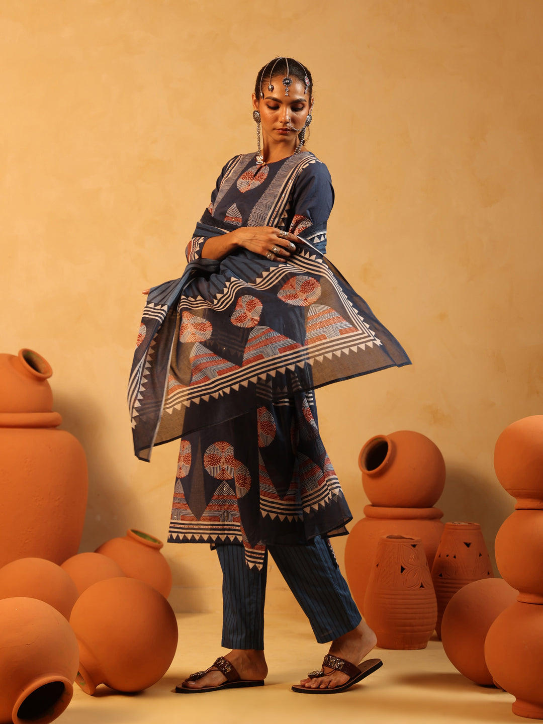 Meher | Navy Ajrakh Cotton Suit Set