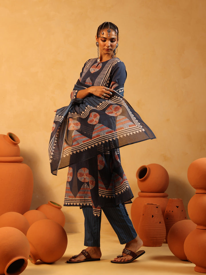 Meher | Navy Ajrakh Cotton Suit Set