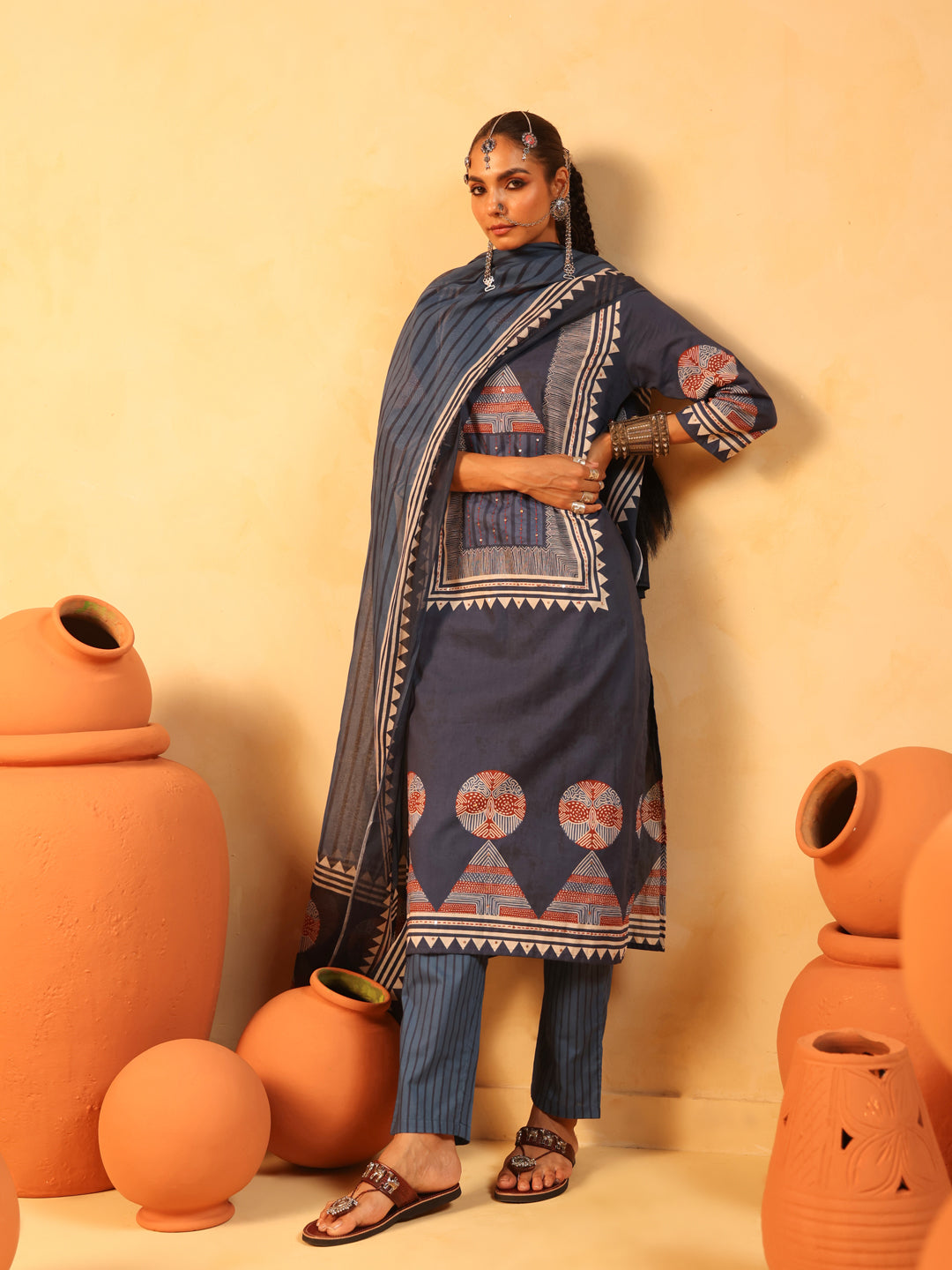 Meher | Navy Ajrakh Cotton Suit Set