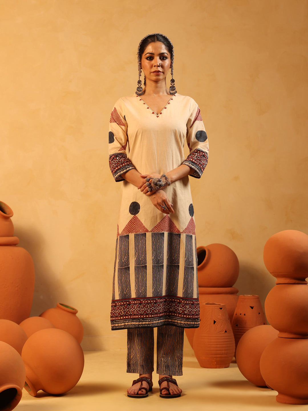 Zehra | Beige Ajrakh Cotton Suit Set