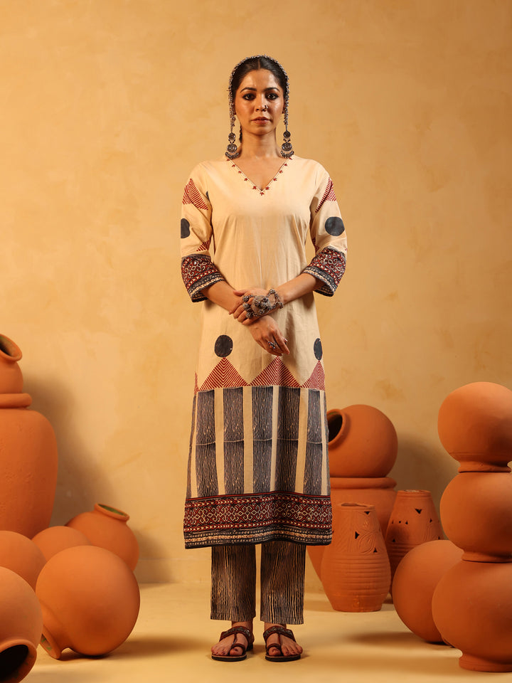 Zehra | Beige Ajrakh Cotton Suit Set