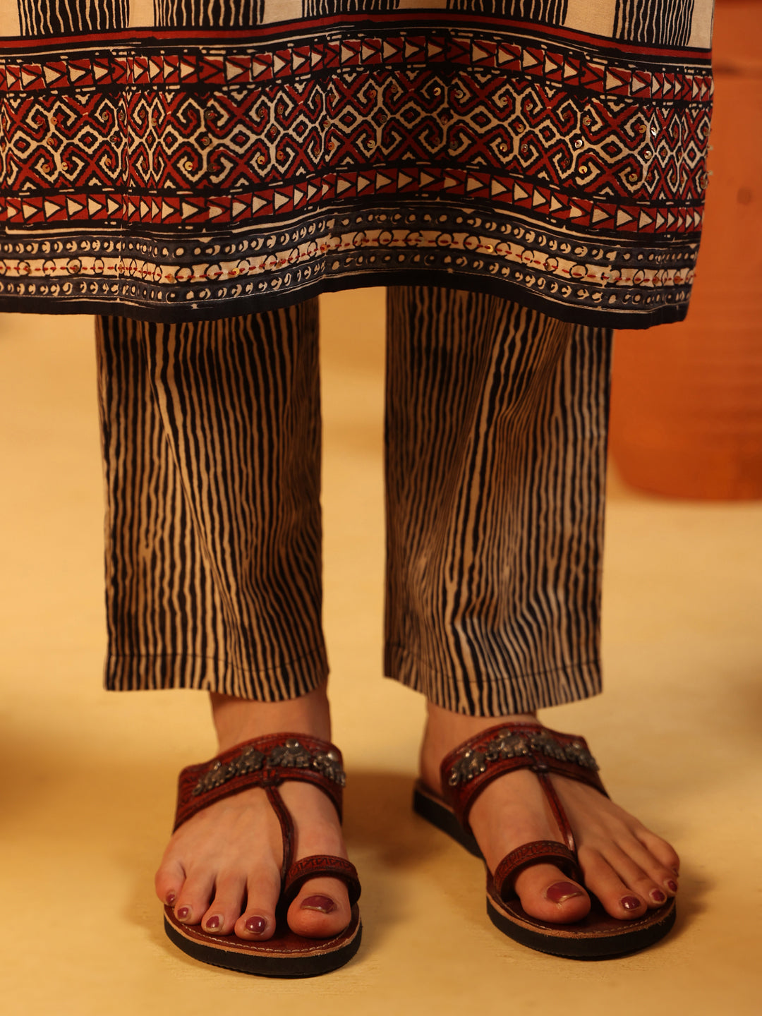 Zehra | Beige Ajrakh Cotton Suit Set