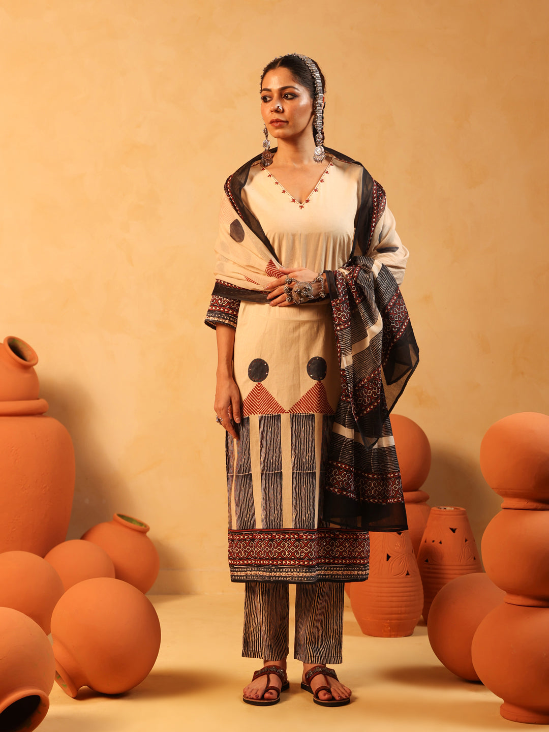 Zehra | Beige Ajrakh Cotton Suit Set