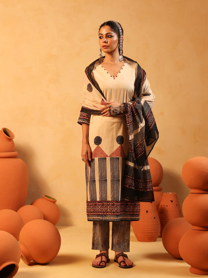 Zehra | Beige Ajrakh Cotton Suit Set