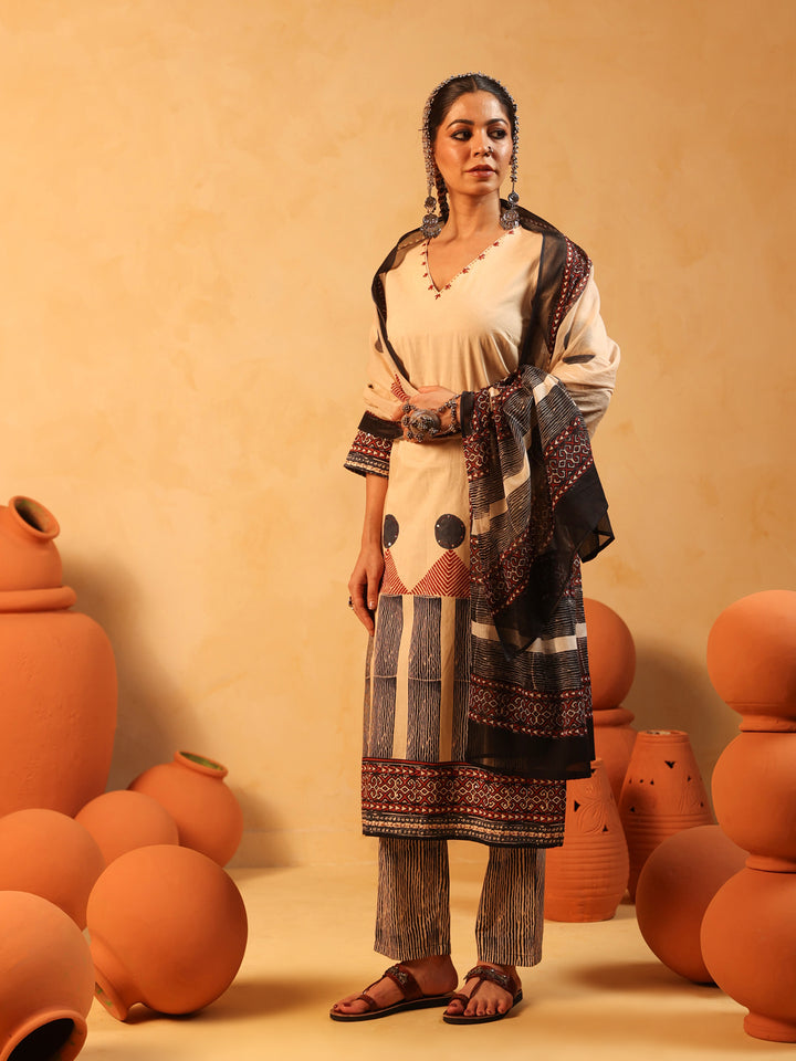 Zehra | Beige Ajrakh Cotton Suit Set