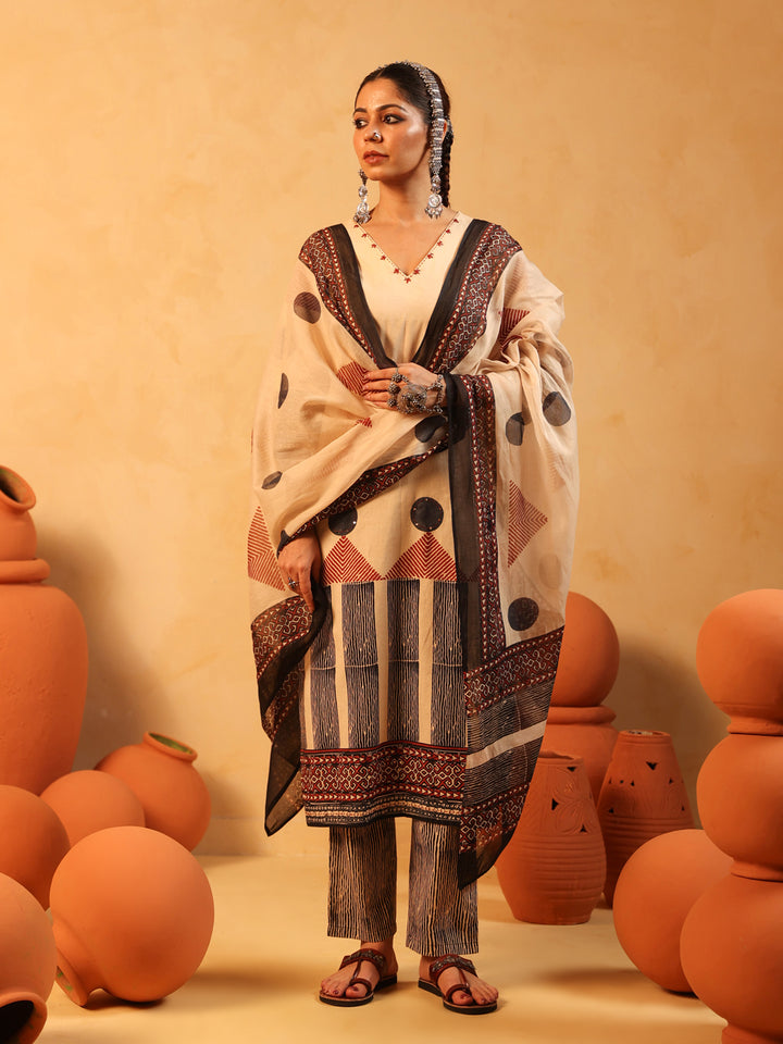 Zehra | Beige Ajrakh Cotton Suit Set
