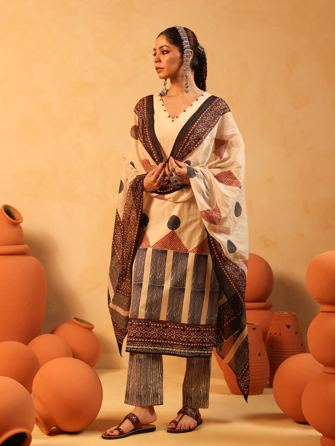Zehra | Beige Ajrakh Cotton Suit Set