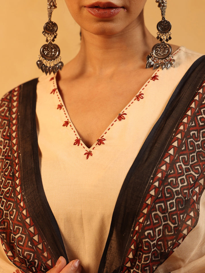 Zehra | Beige Ajrakh Cotton Suit Set