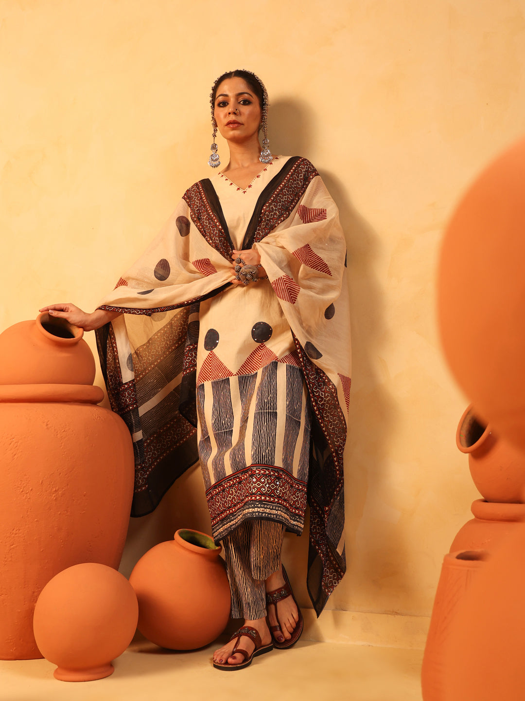Zehra | Beige Ajrakh Cotton Suit Set