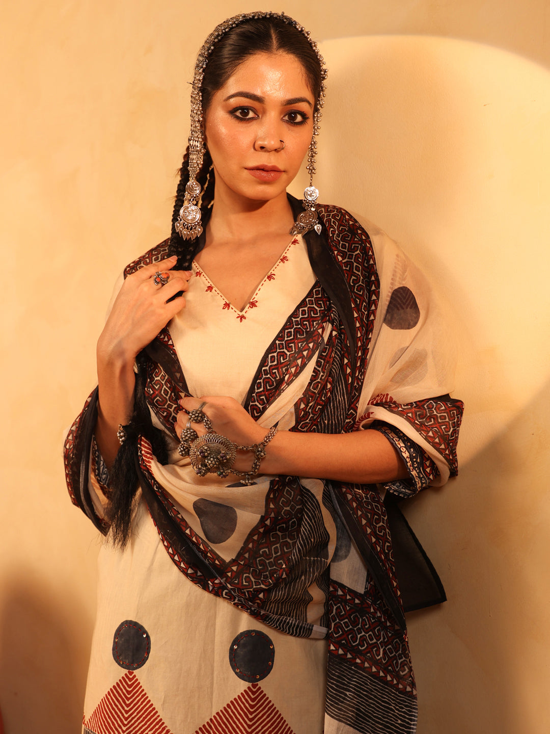 Zehra | Beige Ajrakh Cotton Suit Set