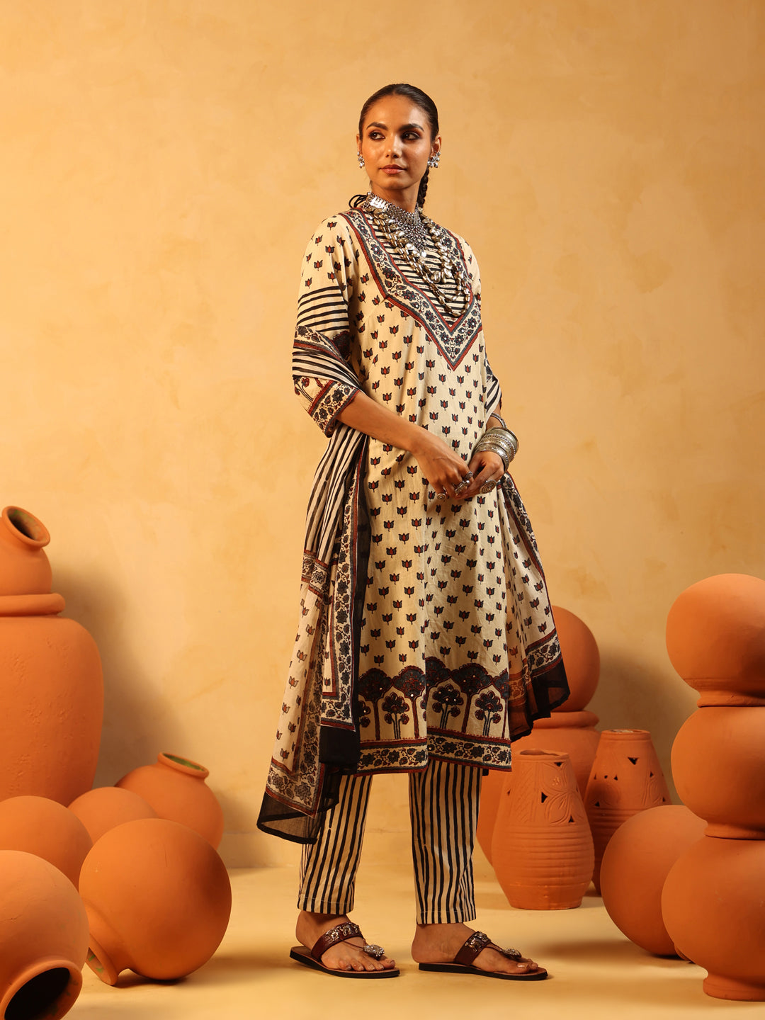 Amaira | Cream Ajrakh Cotton Suit Set