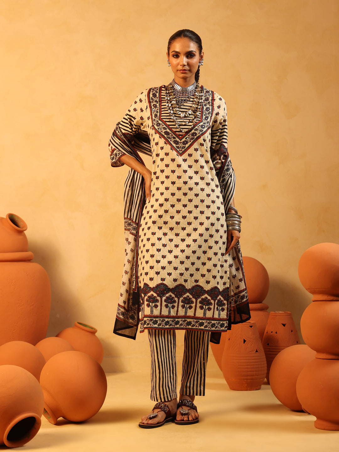Amaira | Cream Ajrakh Cotton Suit Set