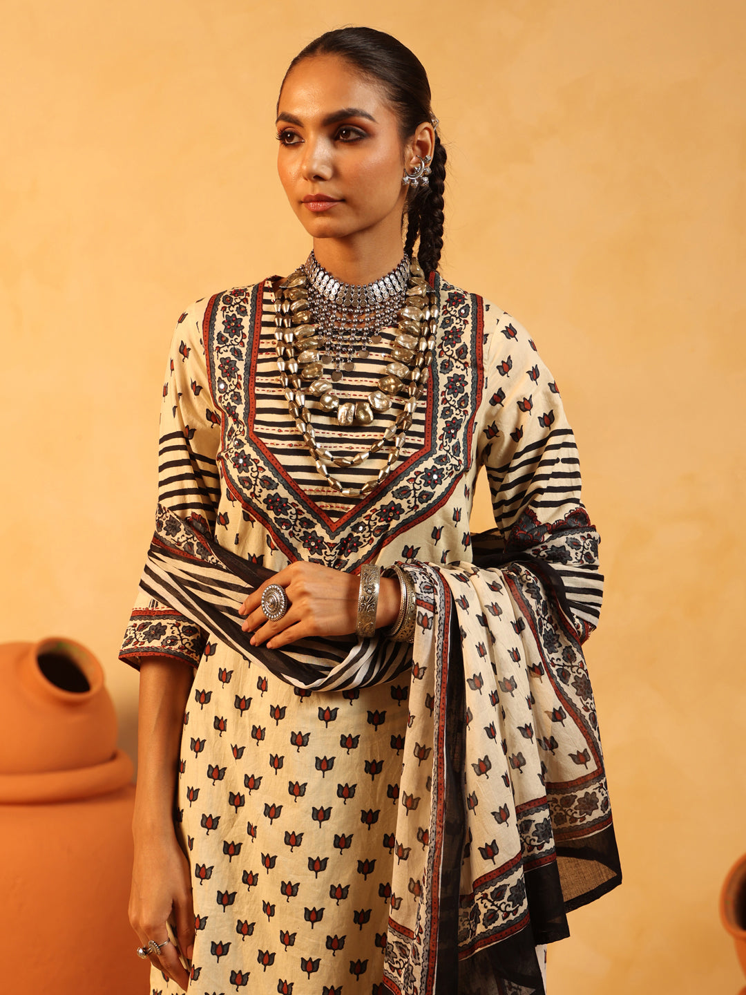 Amaira | Cream Ajrakh Cotton Suit Set