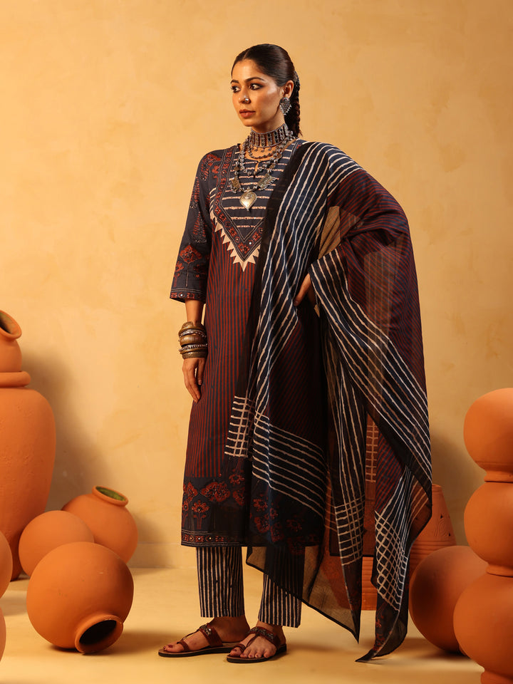 Suhani | Midnight Blue Ajrakh Cotton Suit Set