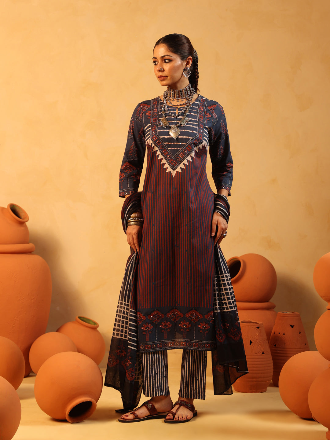 Suhani | Midnight Blue Ajrakh Cotton Suit Set