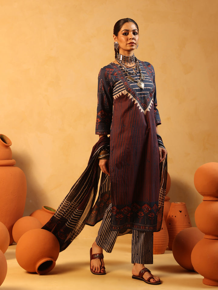 Suhani | Midnight Blue Ajrakh Cotton Suit Set