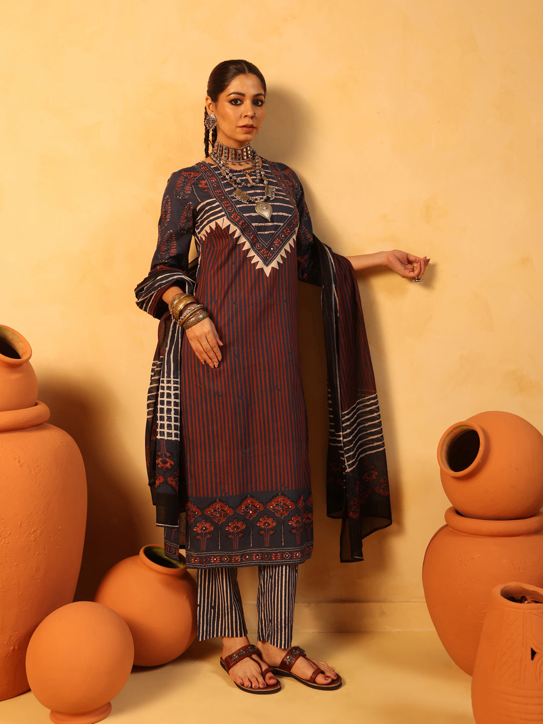 Suhani | Midnight Blue Ajrakh Cotton Suit Set