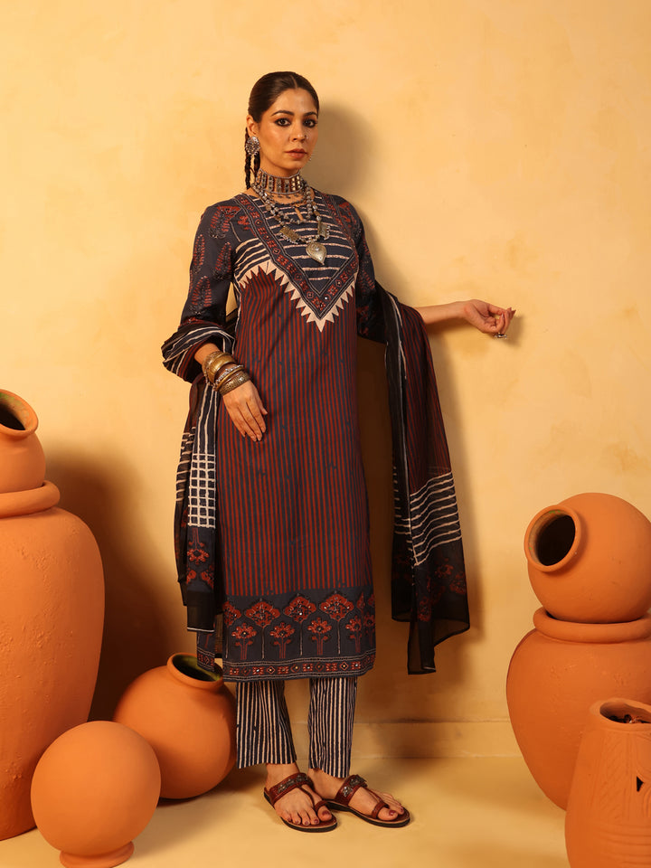 Suhani | Midnight Blue Ajrakh Cotton Suit Set