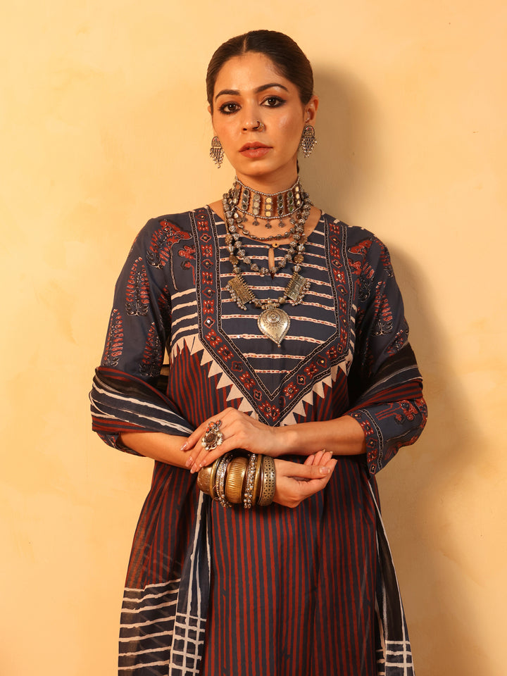 Suhani | Midnight Blue Ajrakh Cotton Suit Set