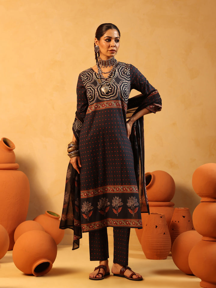 Vatika | Midnight Ajrakh Cotton Suit Set