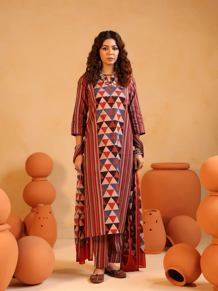 Vanya | Terracotta Ajrakh Stripes Suit Set