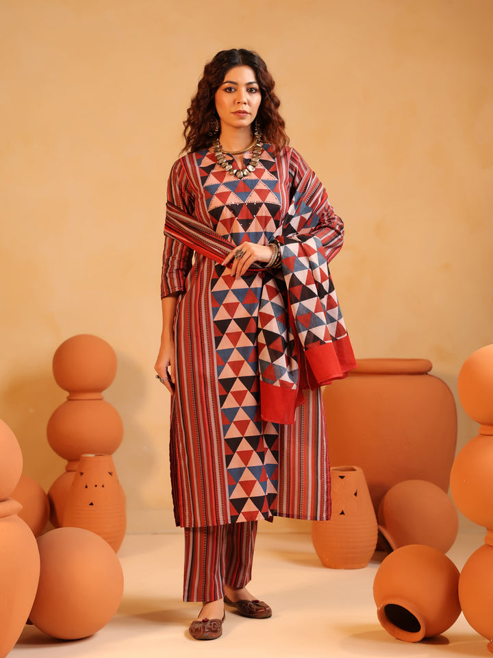 Vanya | Terracotta Ajrakh Stripes Suit Set