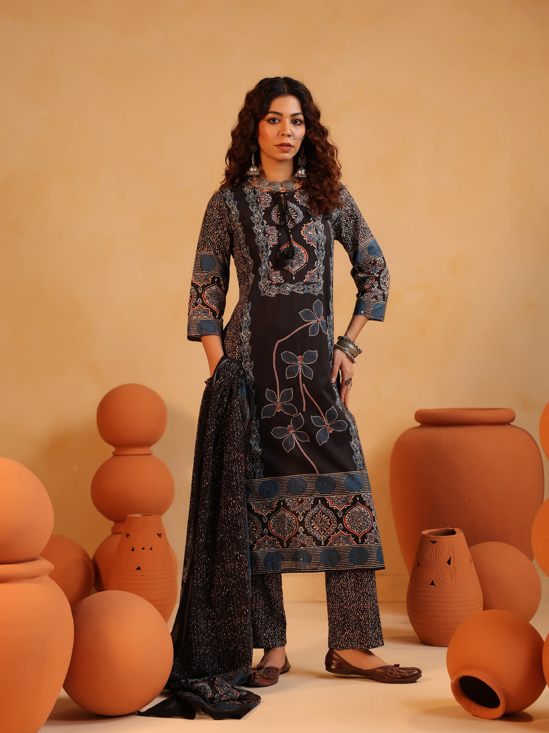Kalindi | Black Ajrakh Medallion Suit Set