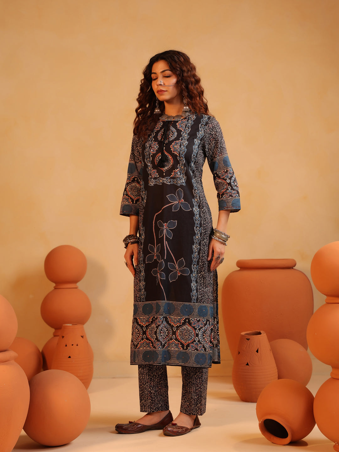 Kalindi | Black Ajrakh Medallion Suit Set