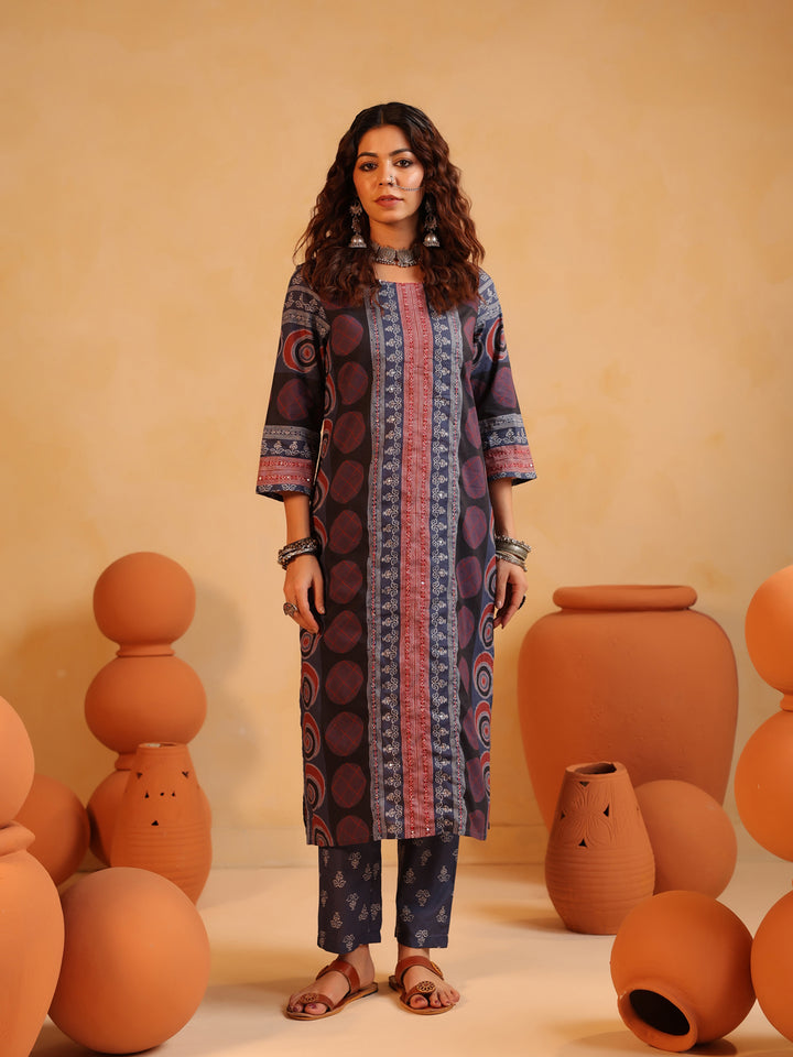 Gulmohar Neela | Deep Indigo Ajrakh Cotton Suit Set