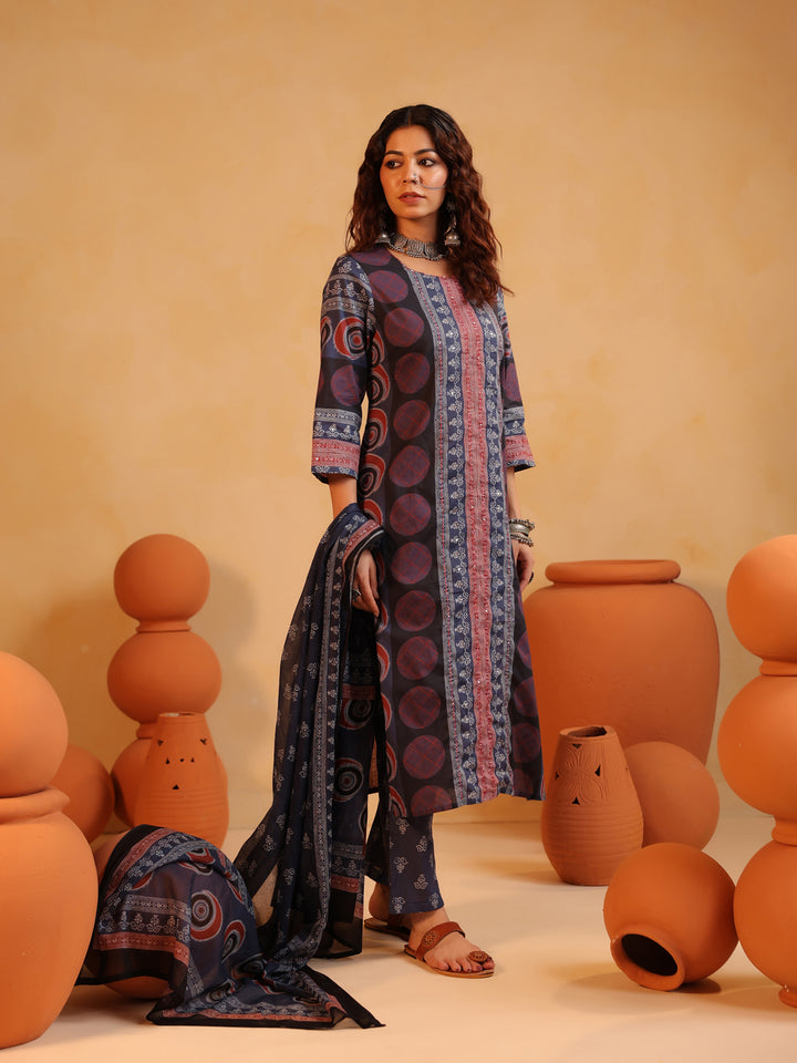 Gulmohar Neela | Deep Indigo Ajrakh Cotton Suit Set