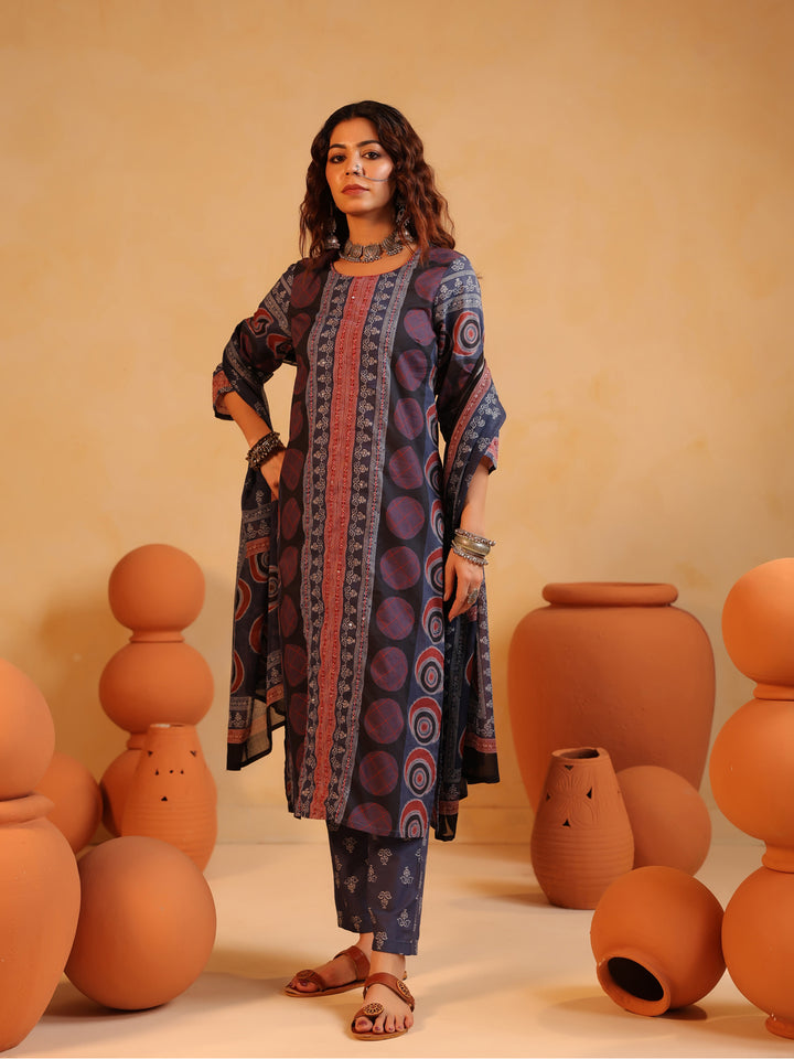 Gulmohar Neela | Deep Indigo Ajrakh Cotton Suit Set