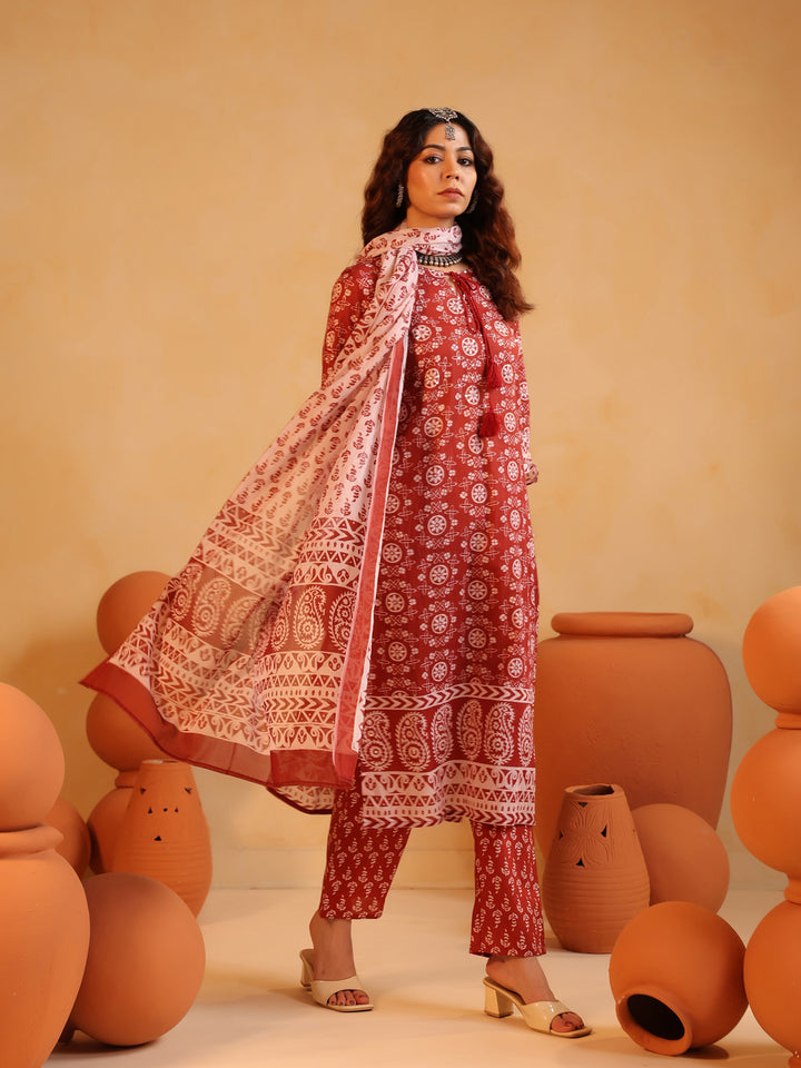 Sitara | Terracotta Ajrakh Motif Suit Set