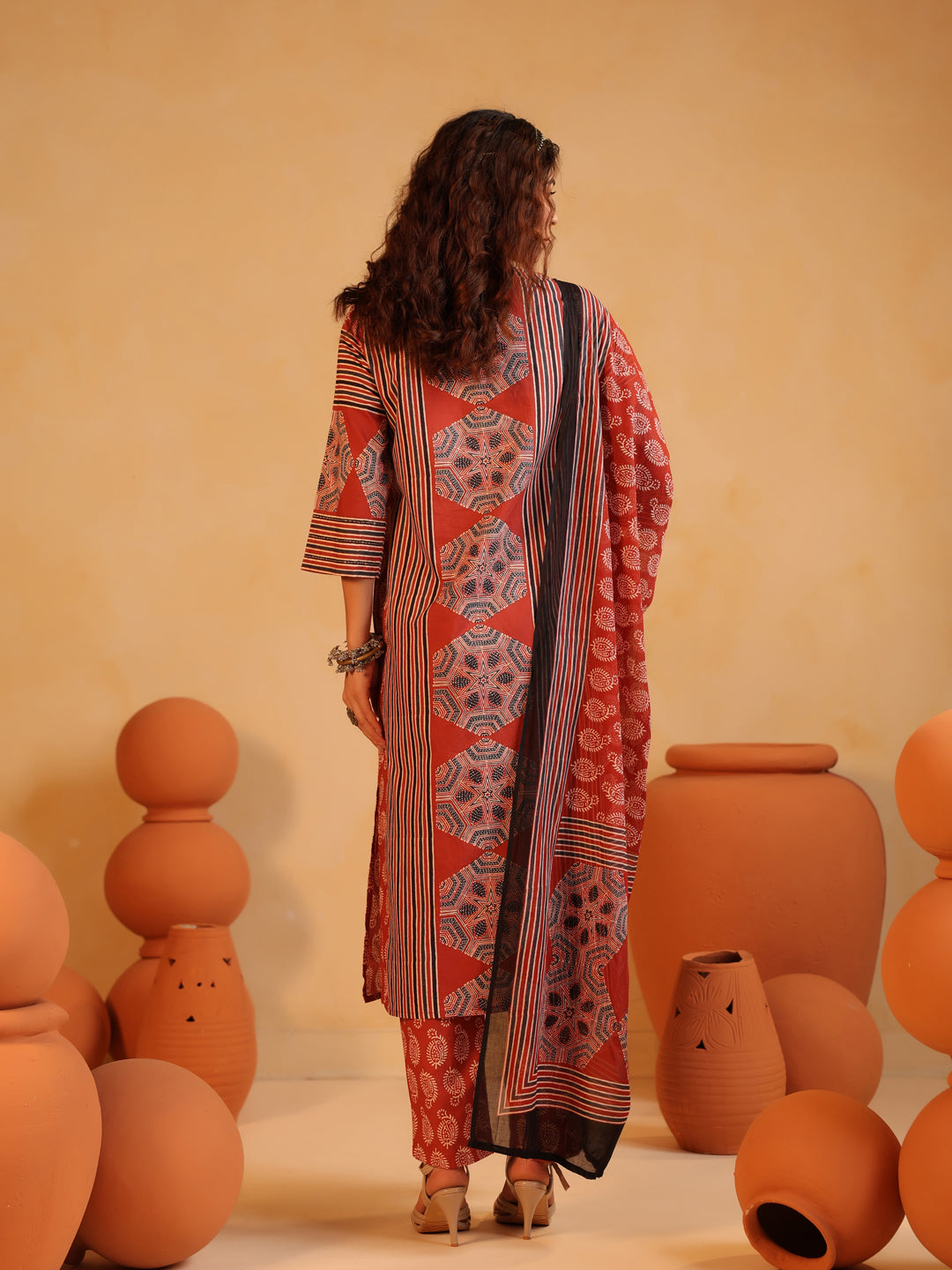 Gulnaar | Red Ajrakh Cotton Suit Set