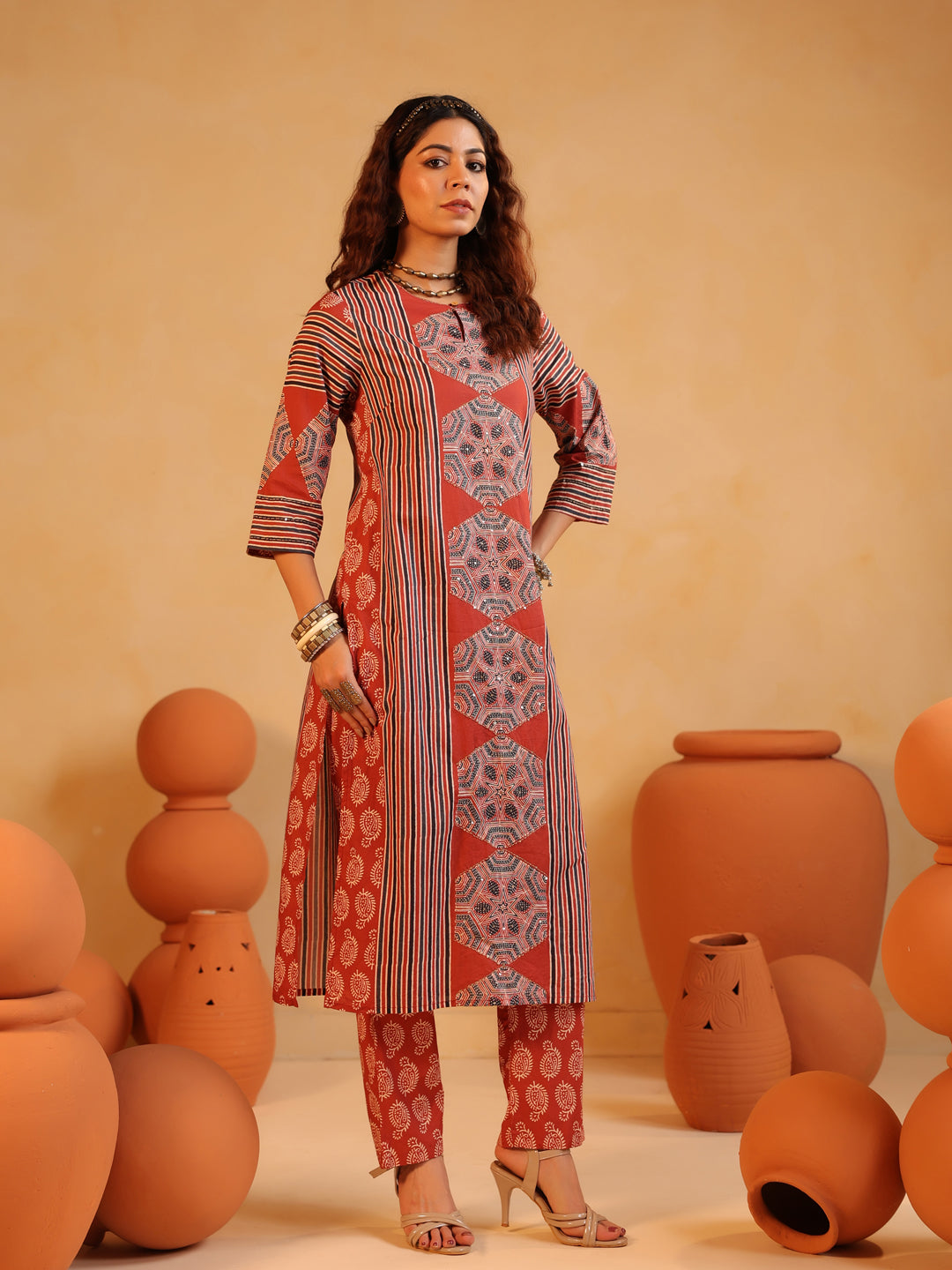 Gulnaar | Red Ajrakh Cotton Suit Set