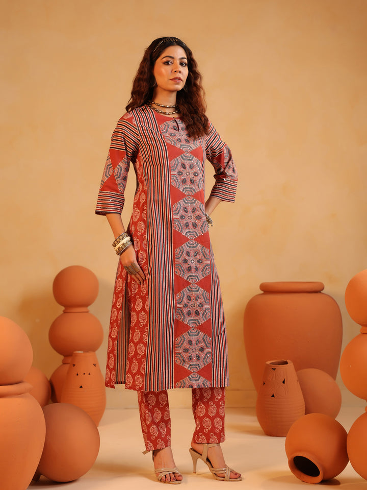 Gulnaar | Red Ajrakh Cotton Suit Set
