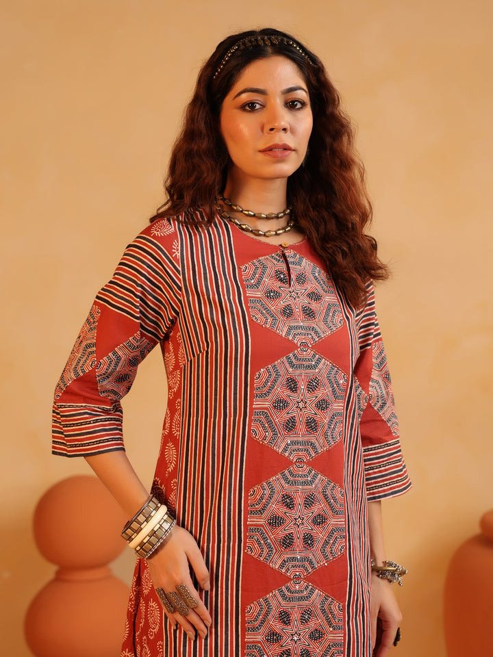 Gulnaar | Red Ajrakh Cotton Suit Set