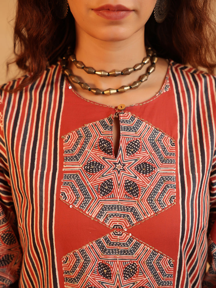 Gulnaar | Red Ajrakh Cotton Suit Set