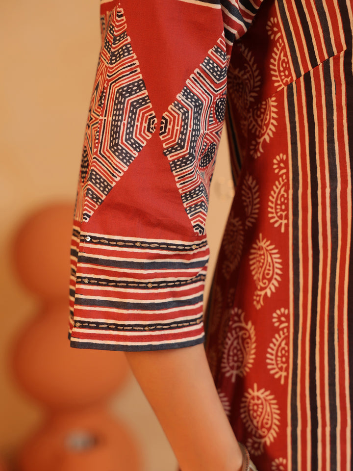 Gulnaar | Red Ajrakh Cotton Suit Set
