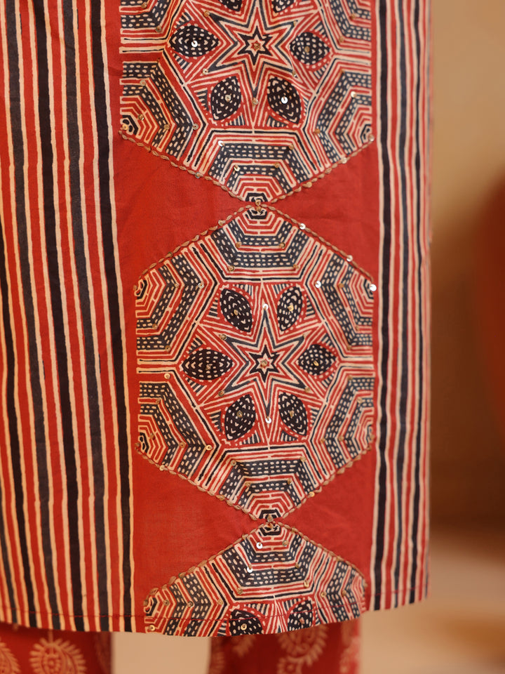 Gulnaar | Red Ajrakh Cotton Suit Set