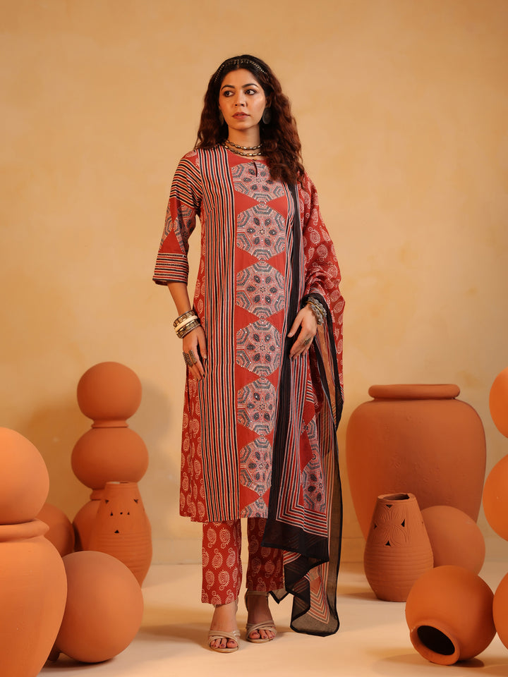 Gulnaar | Red Ajrakh Cotton Suit Set